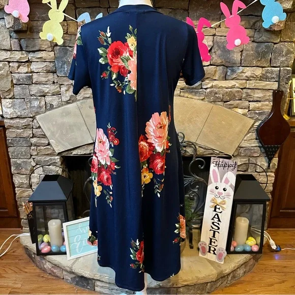 NWOT Flamingo Urban Navy Blue Floral Print Midi Dress Size Medium - Picture 6 of 8